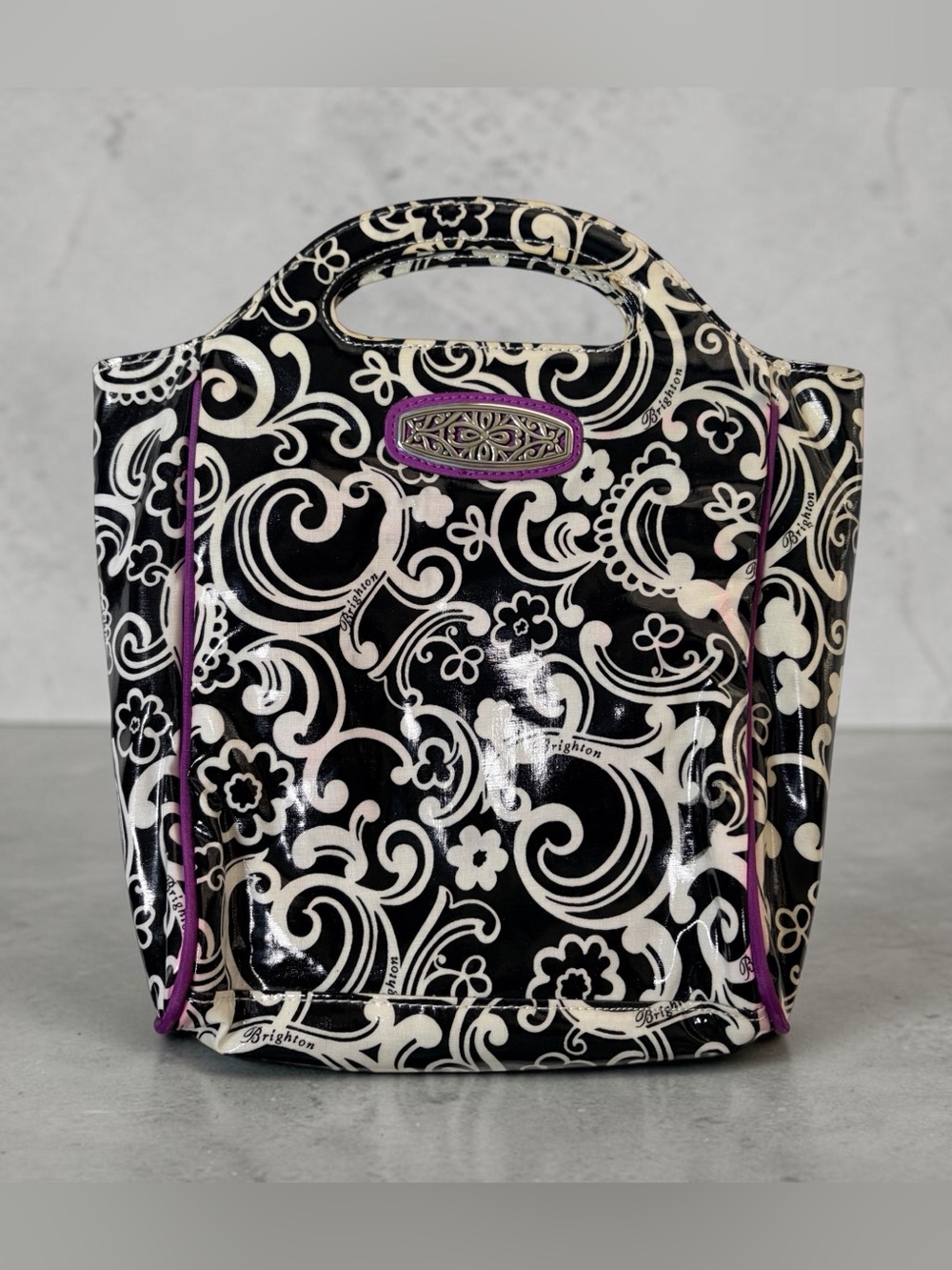 Brighton Lunch Bag Tote Black White Floral Paisley Purple PEVA Lined 9”